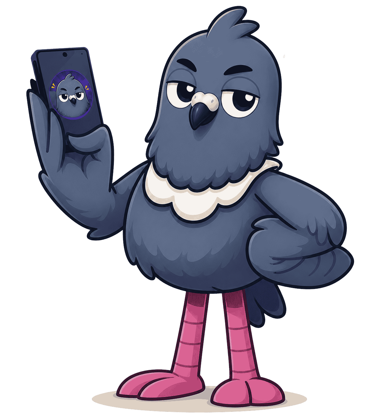 Cupombo, o pombo mascote da Prumoções, segurando um celular com promoções